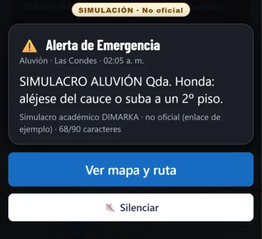 Alerta de Emergencia de simulacro con los botones Ver mapa y ruta y Silenciar