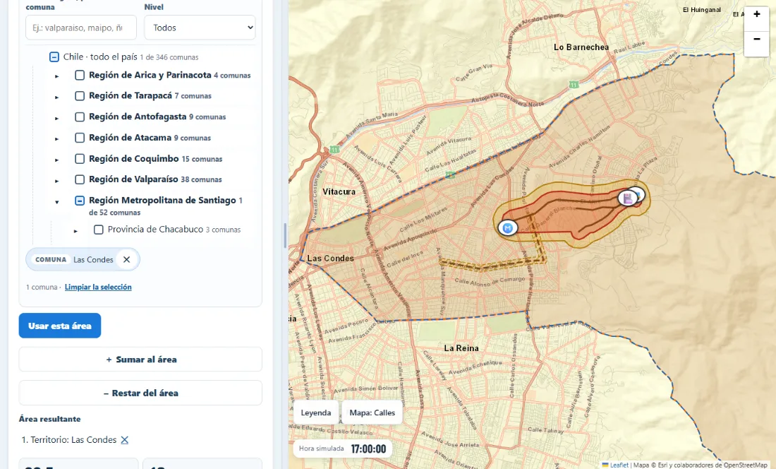 Selector territorial con la comuna de Las Condes marcada y el área en el mapa
