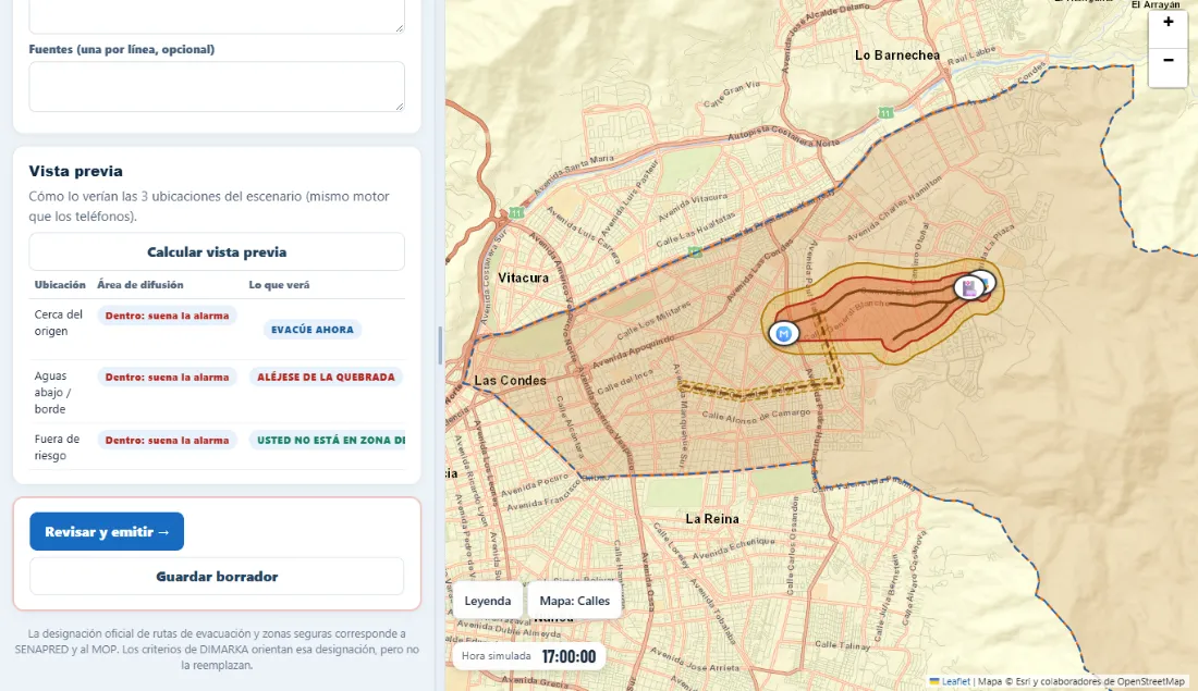 Vista previa del aluvión con lo que vería cada ubicación y el botón Revisar y emitir