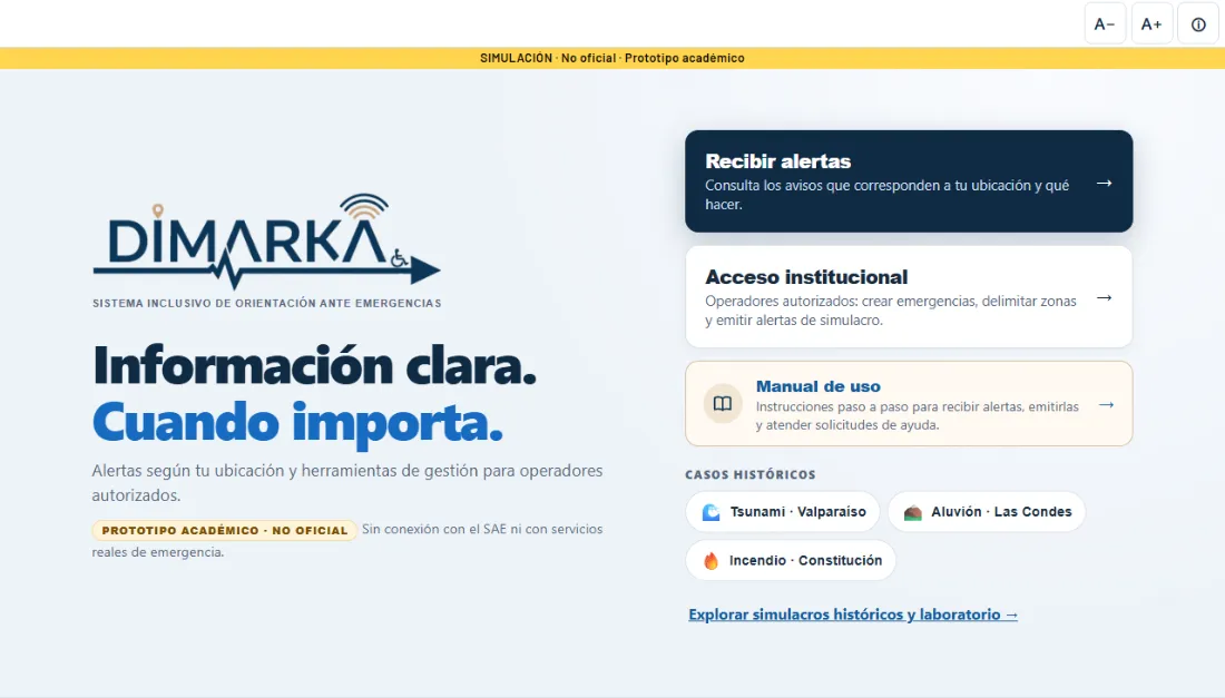 Pantalla de inicio de DIMARKA con los botones Recibir alertas, Acceso institucional y Manual de uso