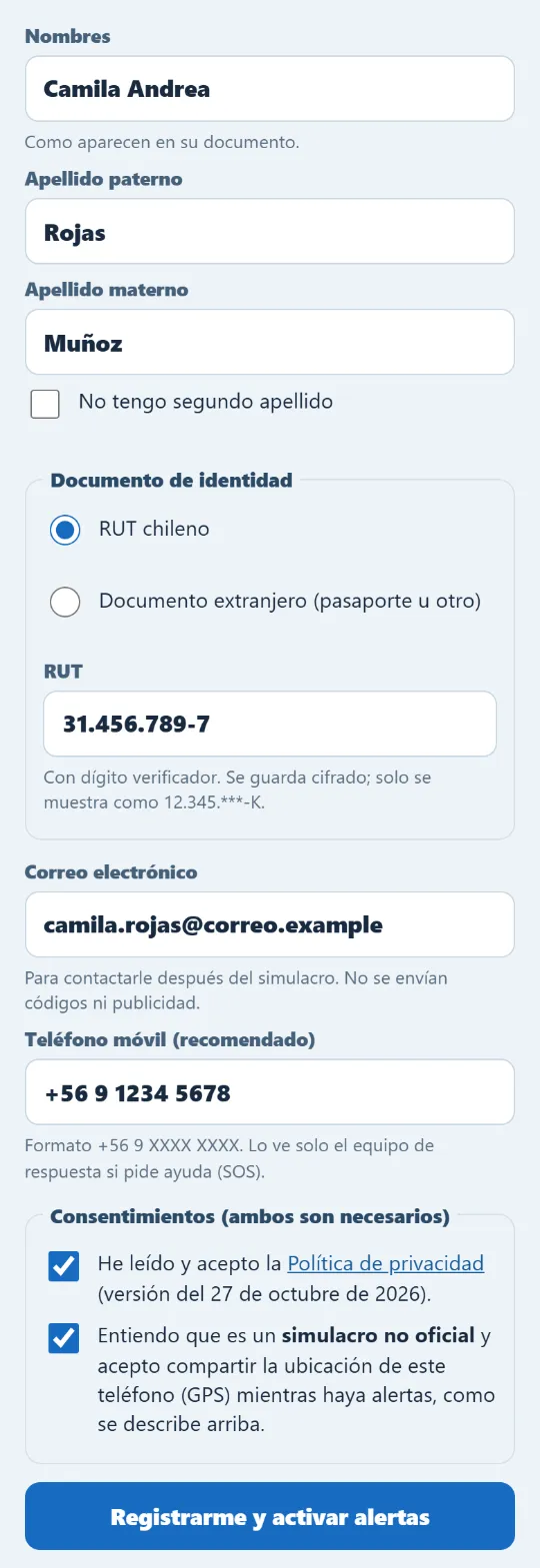 Formulario de registro completo con datos de ejemplo