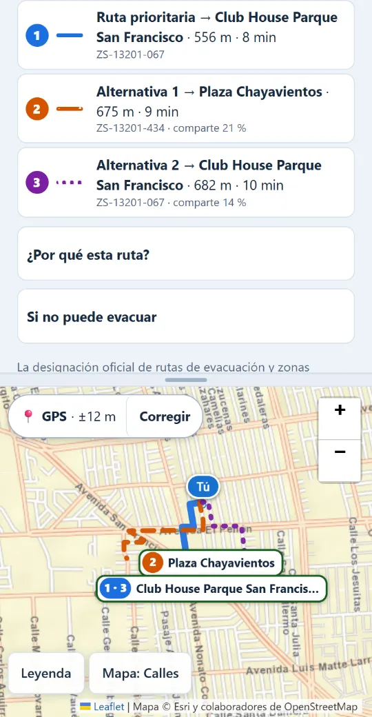Lista de rutas: prioritaria y dos alternativas, con el mapa